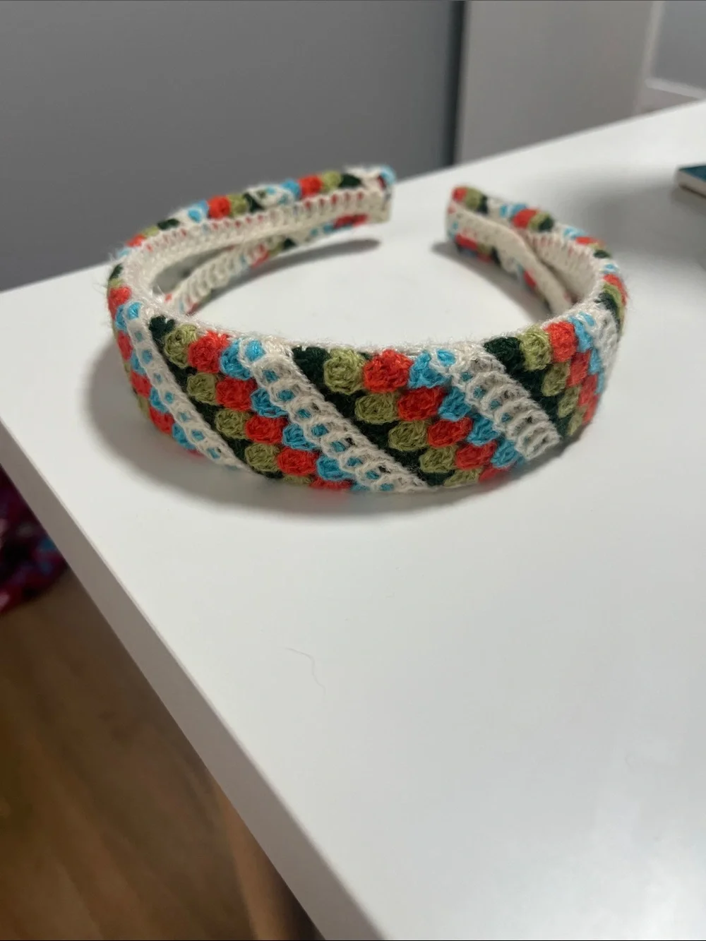 Handcrafted Crochet Headband in Cream, Green, Coral & Blue